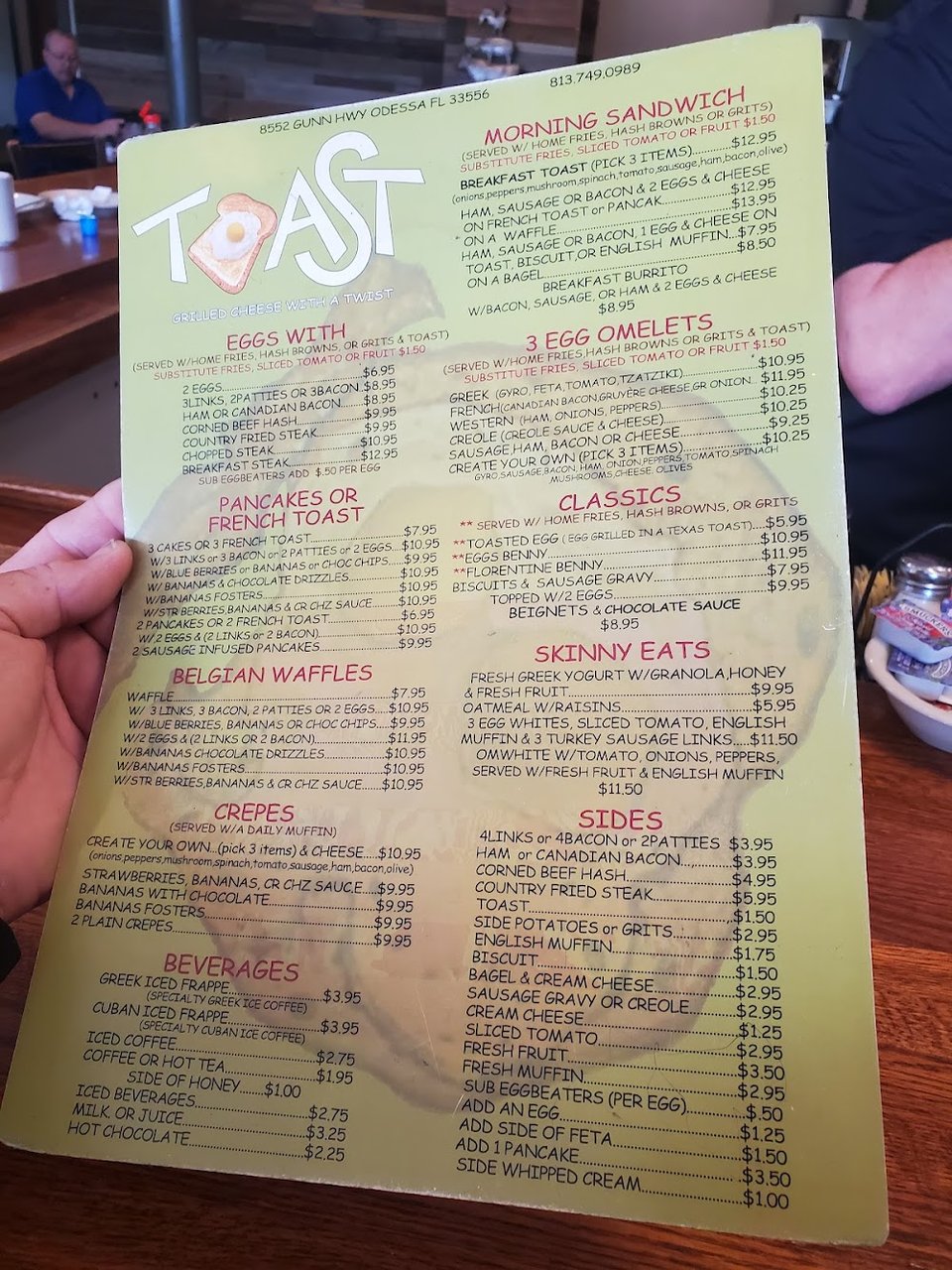 Menu page showing pancakes, sandwiches, and classics.